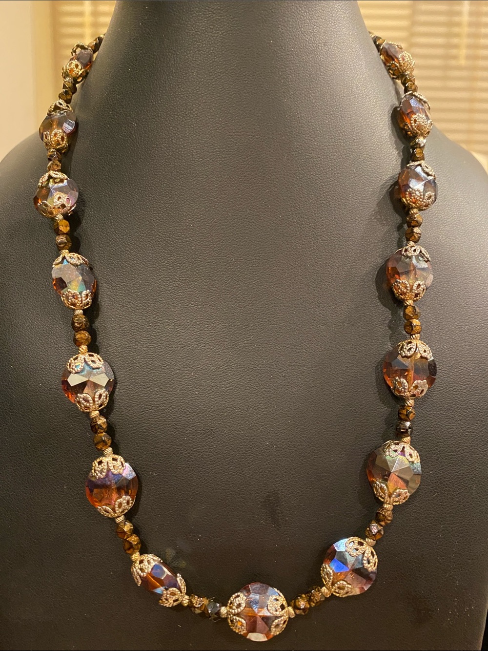 Vintage Amber A B Crystal Faceted Bead Necklace with Gold Tone Accents